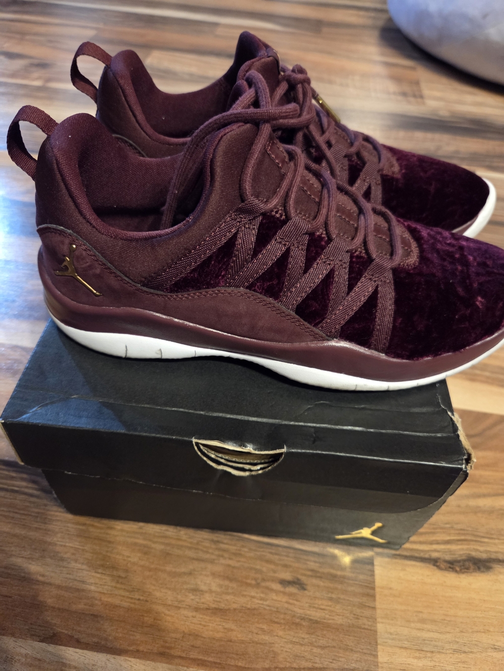 Jordan Men's Velvet Lace-Up Sneakers in Burgundy with Gold Jumpman